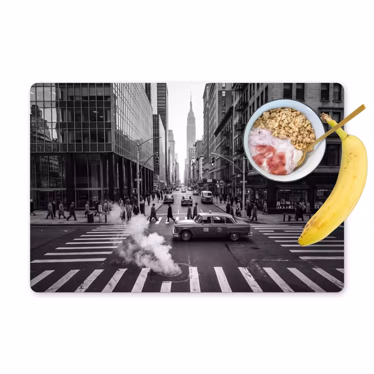 Stad - Straat - Gebouwen - Verkeer - Zwart-wit Placemat vinyl groot -zzzproduct_Kitchenyeah-website