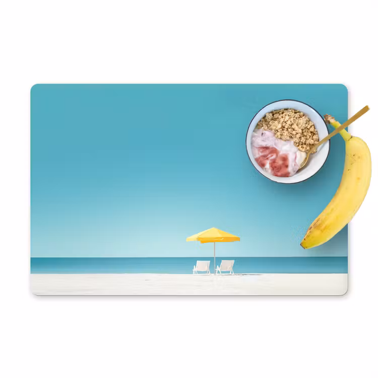 Strand - Blauwe lucht - Geel - Parasol Placemat vinyl groot -zzzproduct_Kitchenyeah-website