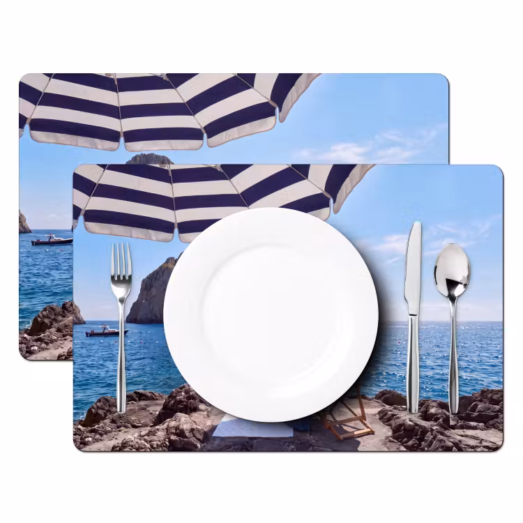 Strand - Ligstoel - Parasol - Zomer - Blauw Placemat vinyl groot -zzsfeer2_Kitchenyeah-website