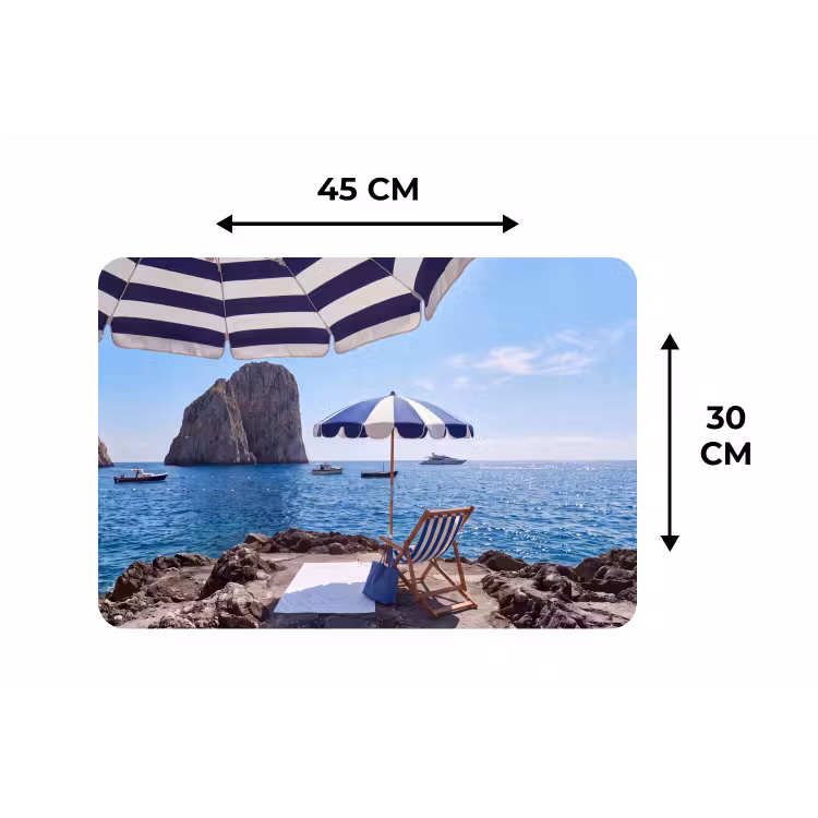 Strand - Ligstoel - Parasol - Zomer - Blauw Placemat vinyl groot -specs