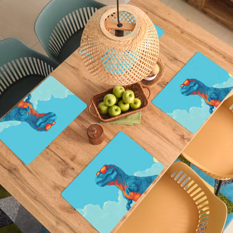 T-Rex - Blauw - Wolken - Zonnebril Placemat vinyl groot -zzsfeer5_Kitchenyeah-website