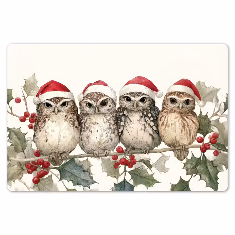 Uilen - Tak - Hulstblaadjes - Kerstmuts Placemat vinyl groot -zzsfeer1_Kitchenyeah-website