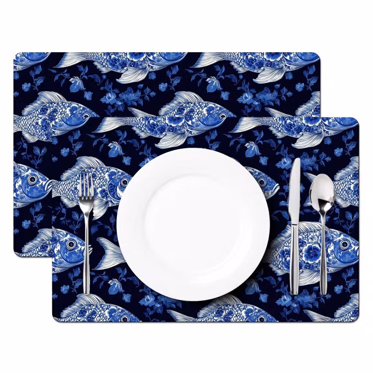 Vissen - Bloemen - Blauw Placemat vinyl groot 368 -zzsfeer2_Kitchenyeah-website
