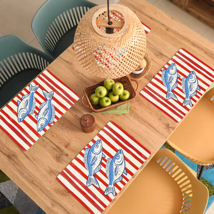 Vissen - Verticale strepen - Blauw - Rood Placemat vinyl groot -zzsfeer5_Kitchenyeah-website