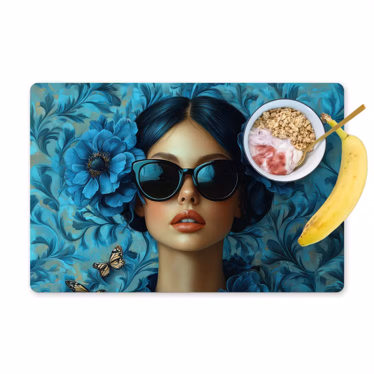 Vrouw - Bloemen - Vlinders - Blauw - Abstract Placemat vinyl groot -zzzproduct_Kitchenyeah-website