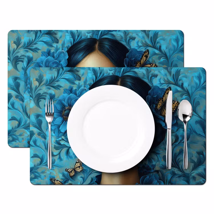 Vrouw - Bloemen - Vlinders - Blauw - Abstract Placemat vinyl groot -zzsfeer2_Kitchenyeah-website
