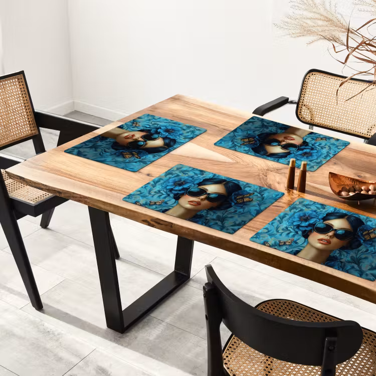 Vrouw - Bloemen - Vlinders - Blauw - Abstract Placemat vinyl groot -zzsfeer4_Kitchenyeah-website