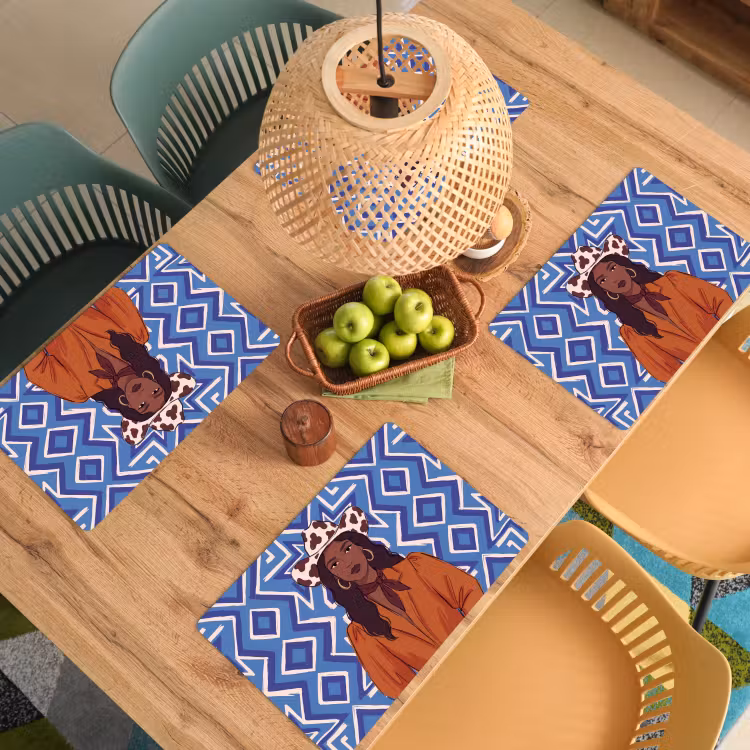 Vrouw - Cowboyhoed - Portret - Modern - Blauw Placemat vinyl groot -zzsfeer5_Kitchenyeah-website