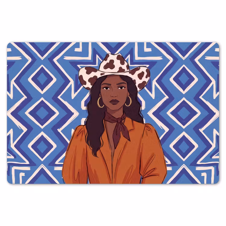 Vrouw - Cowboyhoed - Portret - Modern - Blauw Placemat vinyl groot -zzsfeer1_Kitchenyeah-website