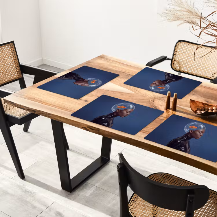 Vrouw - Goudvis - Hoofd - Abstract - Blauw Placemat vinyl groot -zzsfeer4_Kitchenyeah-website