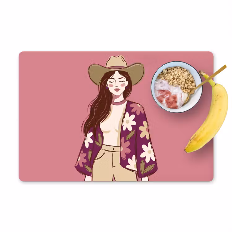 Vrouw - Hoed - Portret - Illustratie - Roze Placemat vinyl groot -zzzproduct_Kitchenyeah-website