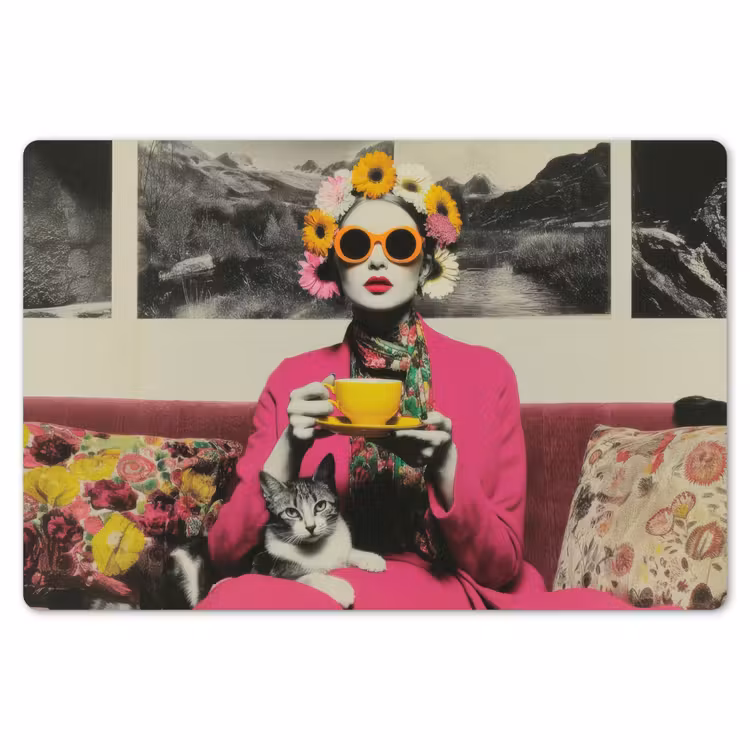 Vrouw - Kat - Bloemen - Kopje - Retro Placemat vinyl groot -zzsfeer1_Kitchenyeah-website