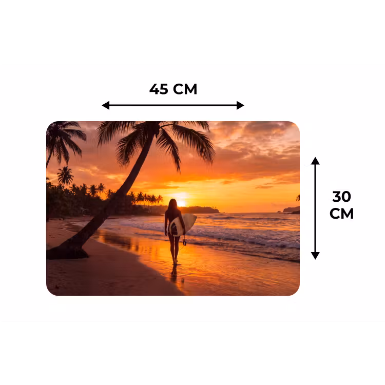 Vrouw - Surfplank - Strand - Zonsondergang - Oranje Placemat vinyl groot -specs
