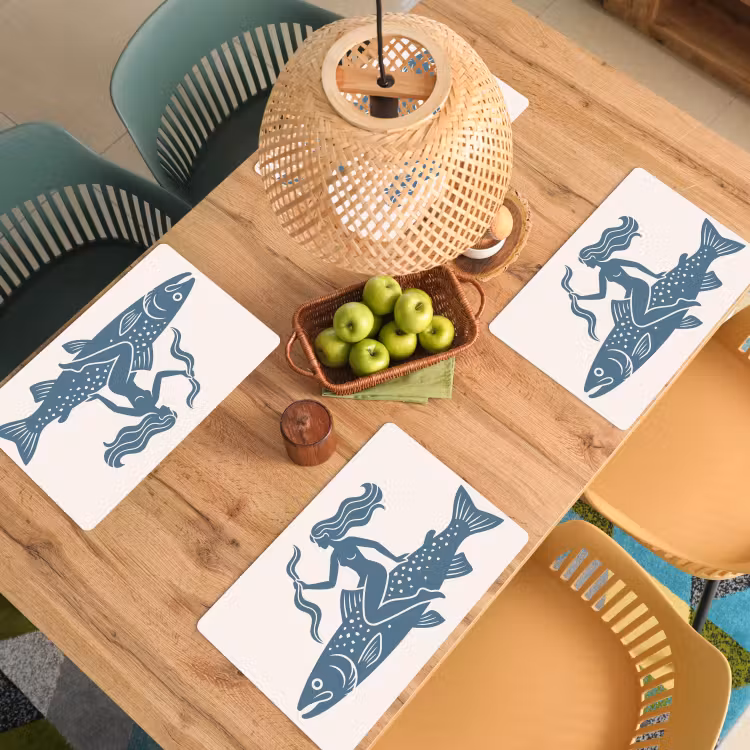 Vrouw - Vis - Fantasie - Abstract - Blauw Placemat vinyl groot -zzsfeer5_Kitchenyeah-website