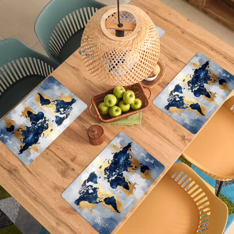 Wereldkaart - Blauw - Abstract Placemat vinyl groot -zzsfeer5_Kitchenyeah-website