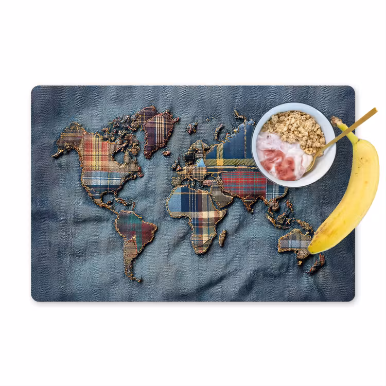 Wereldkaart - Denim - Textiel Placemat vinyl groot -zzzproduct_Kitchenyeah-website