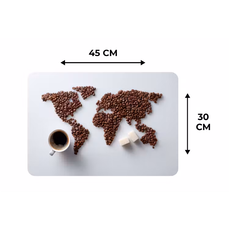 Wereldkaart - Koffiebonen - Suikerklontjes Placemat vinyl groot -specs