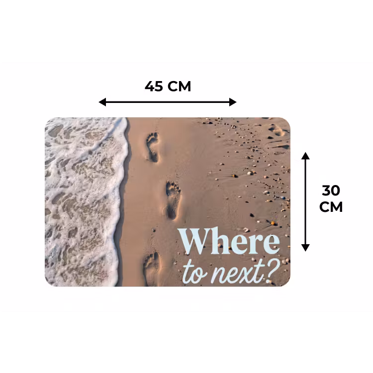 Where to next - Strand - Voetstappen Placemat vinyl groot -specs