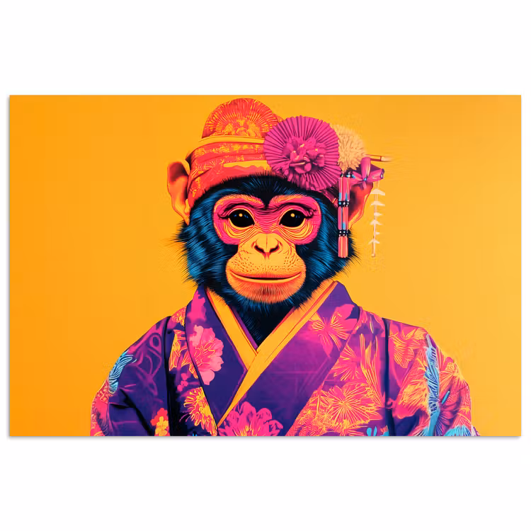 Aap - Kimono - Bloemen - Hoofdtooi poster papier klein -3d