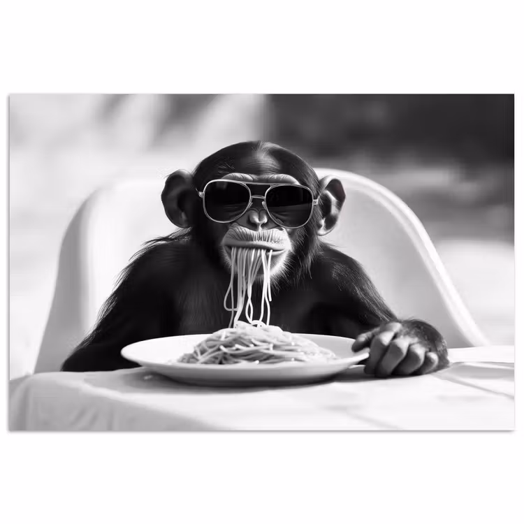 Aap - Spaghetti - Zonnebril - Zwart wit - Cool - Dier poster papier klein -3d