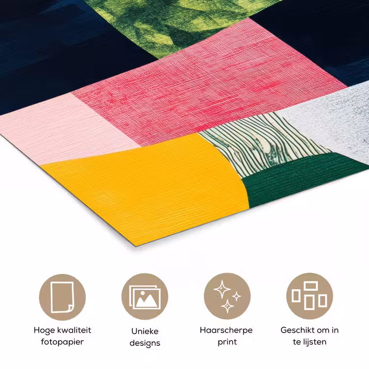 Abstract - Roze - Lappen - Vormen - Geel poster papier klein -closeup_NL