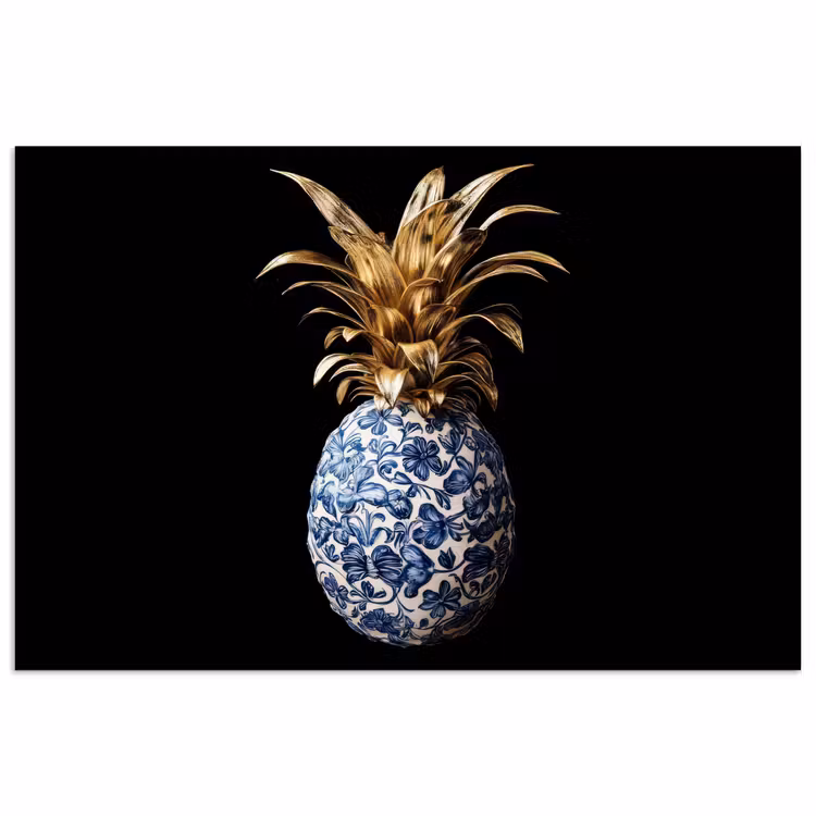 Ananas - Bloemen patroon - Goud - Delftsblauw poster papier klein -3d