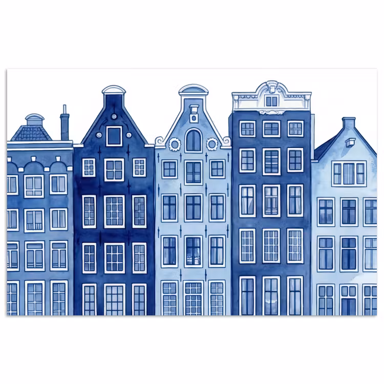 Aquarel - Grachtenpanden - Delfts - Blauw poster papier klein -3d