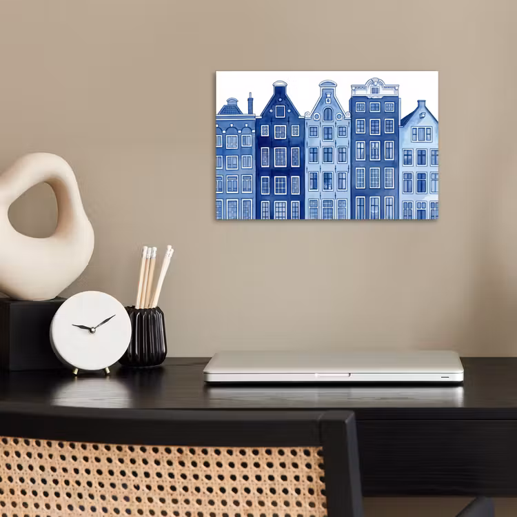 Aquarel - Grachtenpanden - Delfts - Blauw poster papier klein -sfeer1