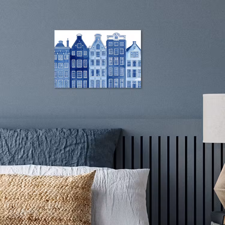 Aquarel - Grachtenpanden - Delfts - Blauw poster papier klein -sfeer2