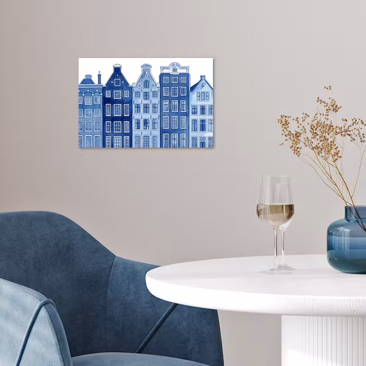 Aquarel - Grachtenpanden - Delfts - Blauw poster papier klein -sfeer3