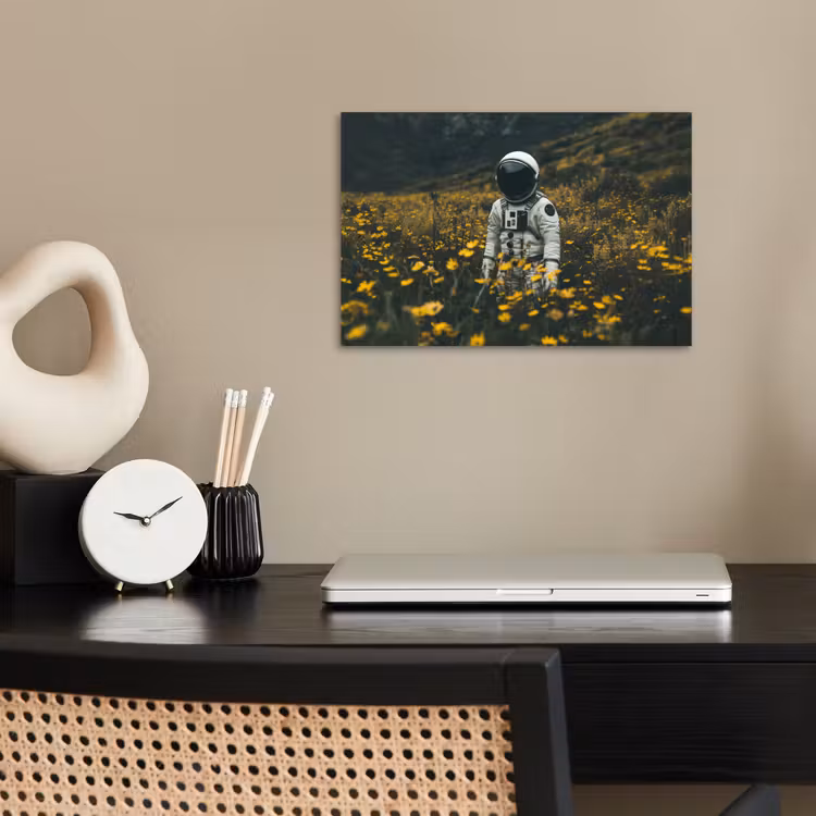 Astronaut - Bloemen - Veld - Geel poster papier klein -sfeer1