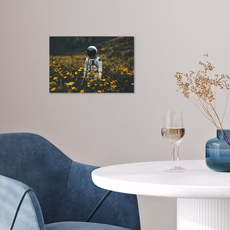 Astronaut - Bloemen - Veld - Geel poster papier klein -sfeer3