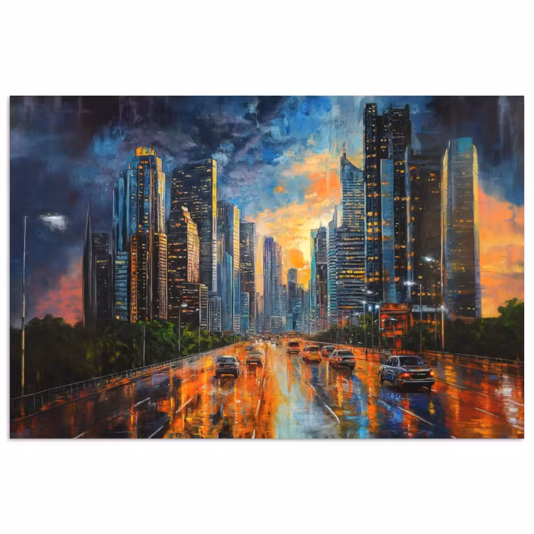 Auto - Skyline - Zon - Blauw poster papier klein -3d