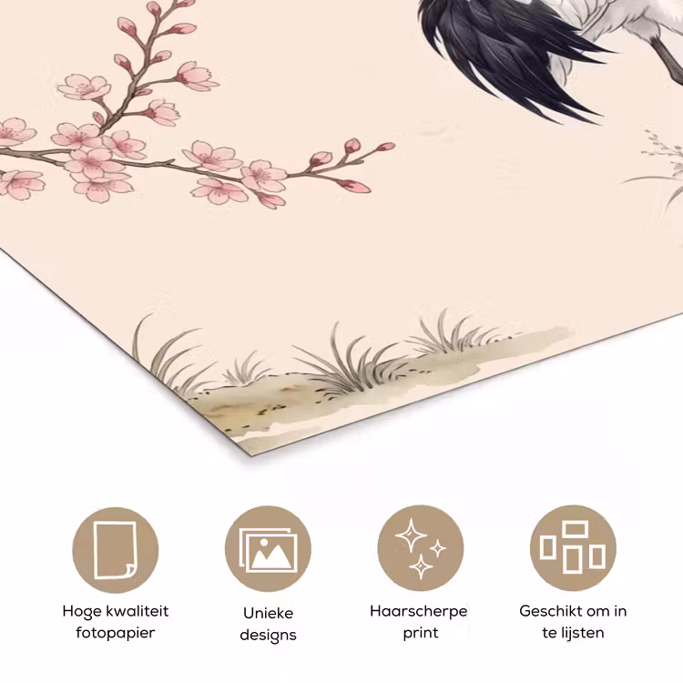 Aziatisch - Kraanvogel - Beige poster papier klein -closeup_NL