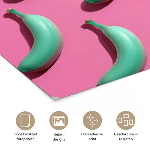 Bananen - Patroon - Blauw - Roze poster papier klein -closeup_NL