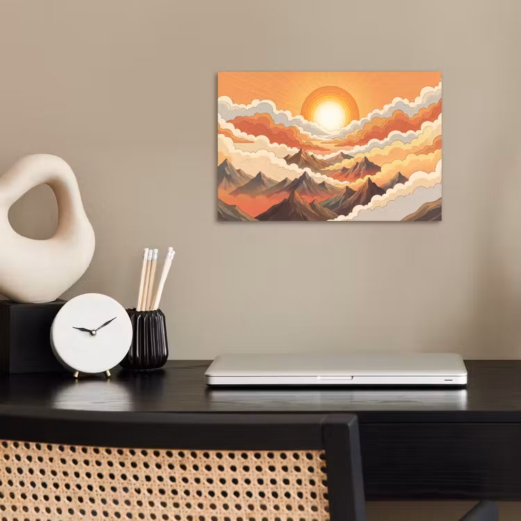 Bergen - Wolken - Natuur - Zonsopgang - Oranje poster papier klein -sfeer1