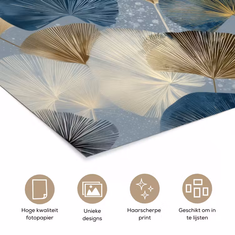 Bladeren - Abstract - Goud - Blauw poster papier klein -closeup_NL
