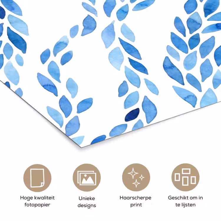 Bladeren - Aquarel - Patroon - Modern - Blauw poster papier klein -closeup_NL