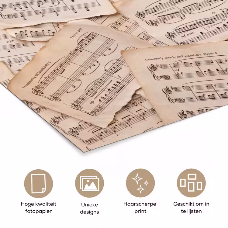 Bladmuziek - Oud - Noten - Vintage - Beige poster papier klein -closeup_NL