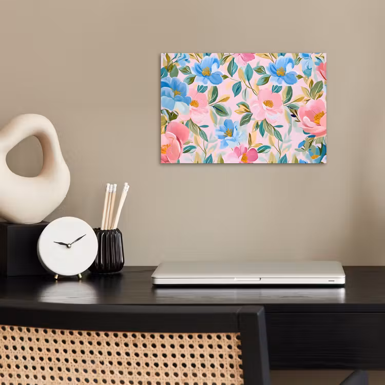 Blauw - Roze - Bloemen poster papier klein -sfeer1