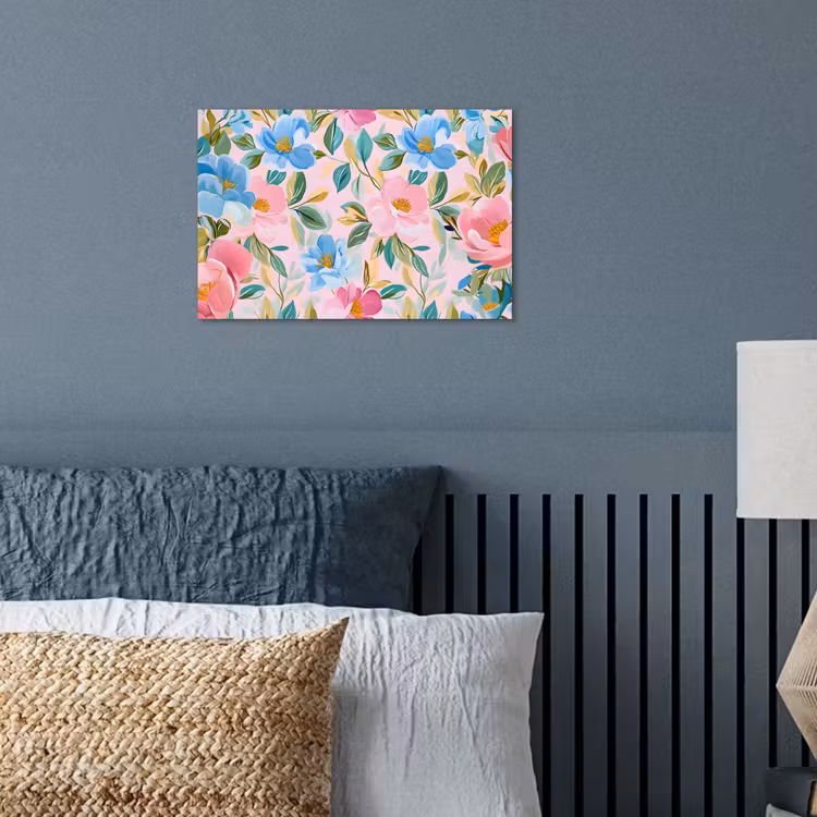 Blauw - Roze - Bloemen poster papier klein -sfeer2