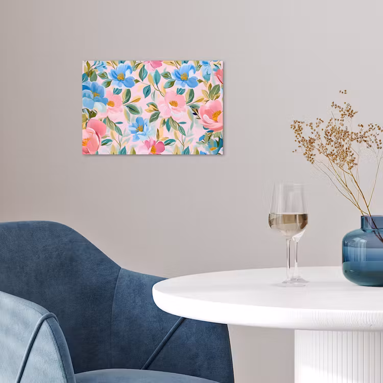 Blauw - Roze - Bloemen poster papier klein -sfeer3