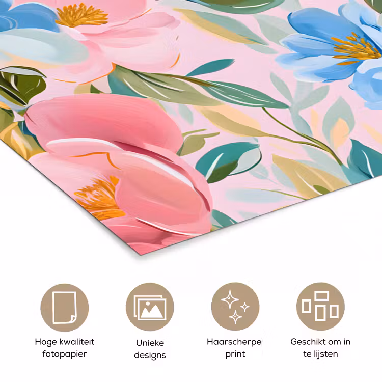 Blauw - Roze - Bloemen poster papier klein -closeup_NL