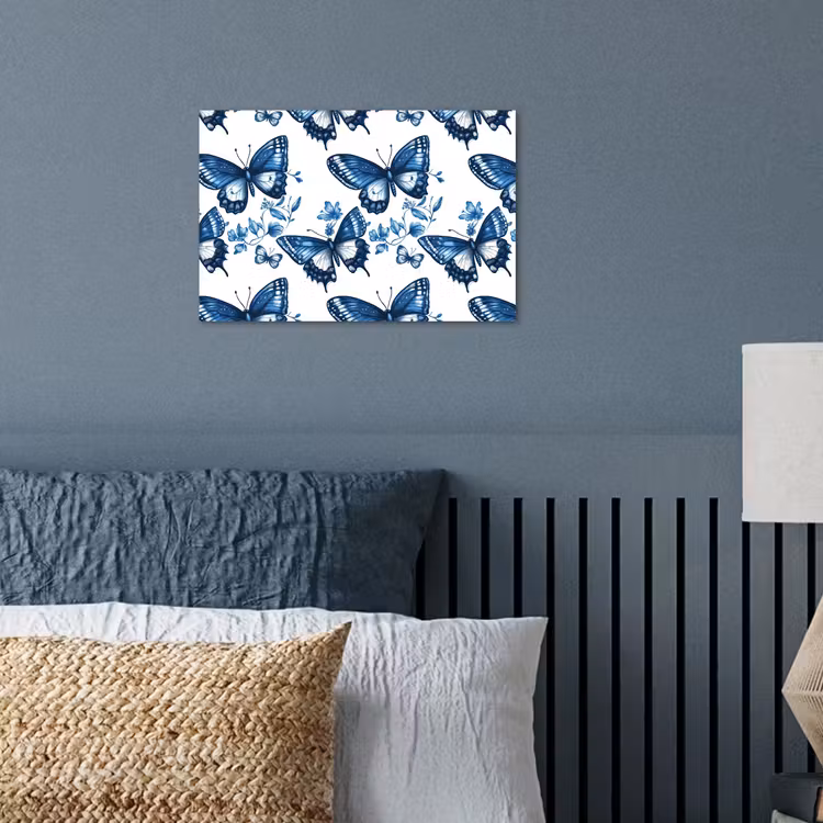 Blauw - Vlinders - Bloemen - Wit poster papier klein 62 -sfeer2