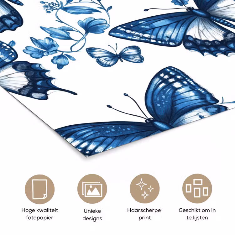 Blauw - Vlinders - Bloemen - Wit poster papier klein 62 -closeup_NL