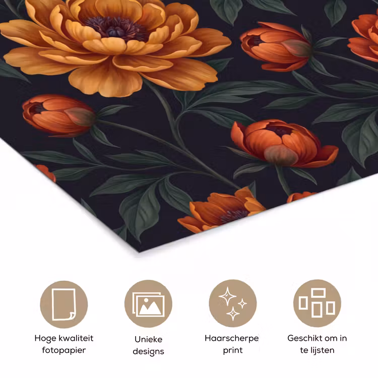 Bloemen - Bladeren - Natuur - Modern - Oranje poster papier klein -closeup_NL