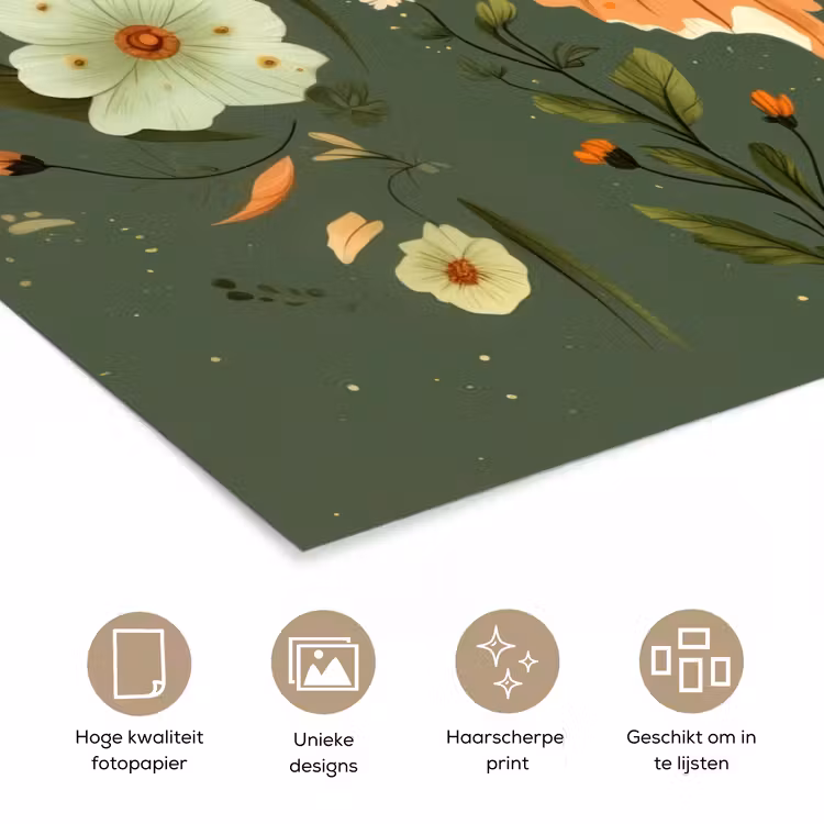 Bloemen - Bladeren - Olijfgroen - Vlinder poster papier klein -closeup_NL