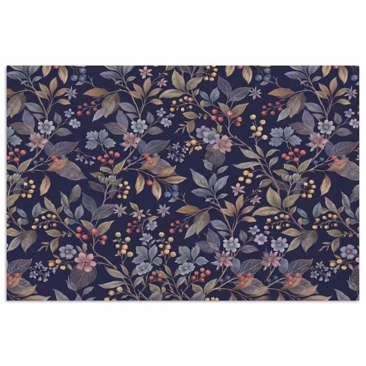 Bloemen - Bladeren - Patroon - Botanisch - Donkerblauw poster papier klein -3d