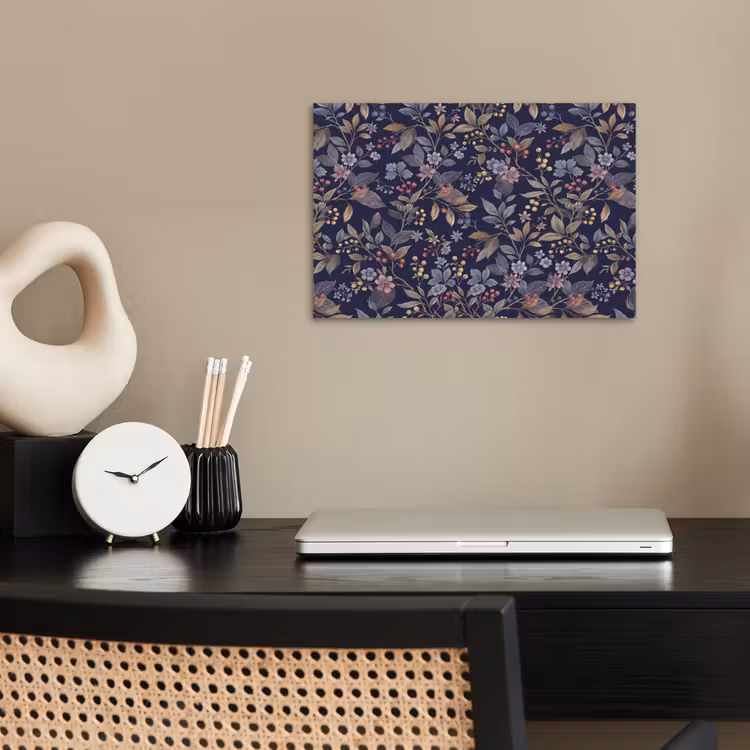 Bloemen - Bladeren - Patroon - Botanisch - Donkerblauw poster papier klein -sfeer1