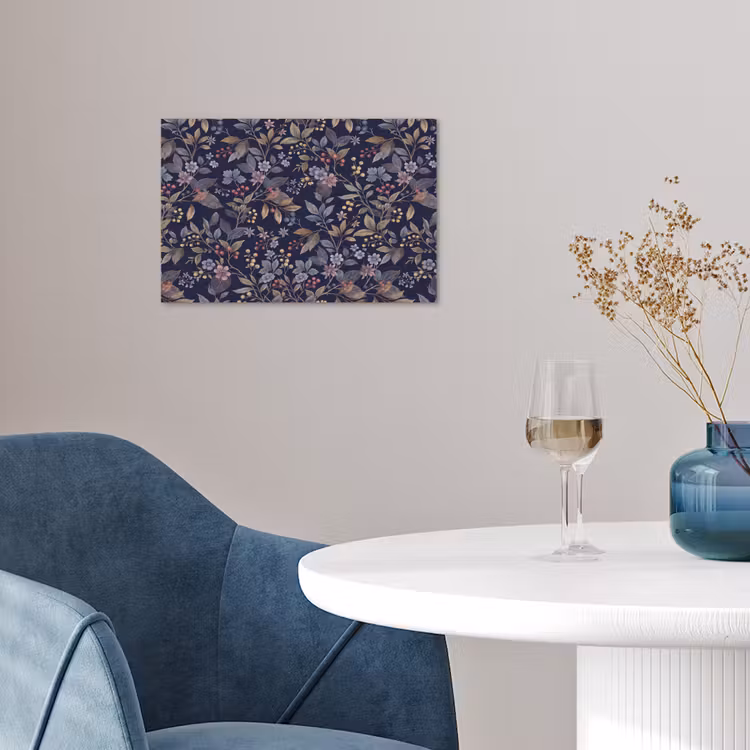 Bloemen - Bladeren - Patroon - Botanisch - Donkerblauw poster papier klein -sfeer3